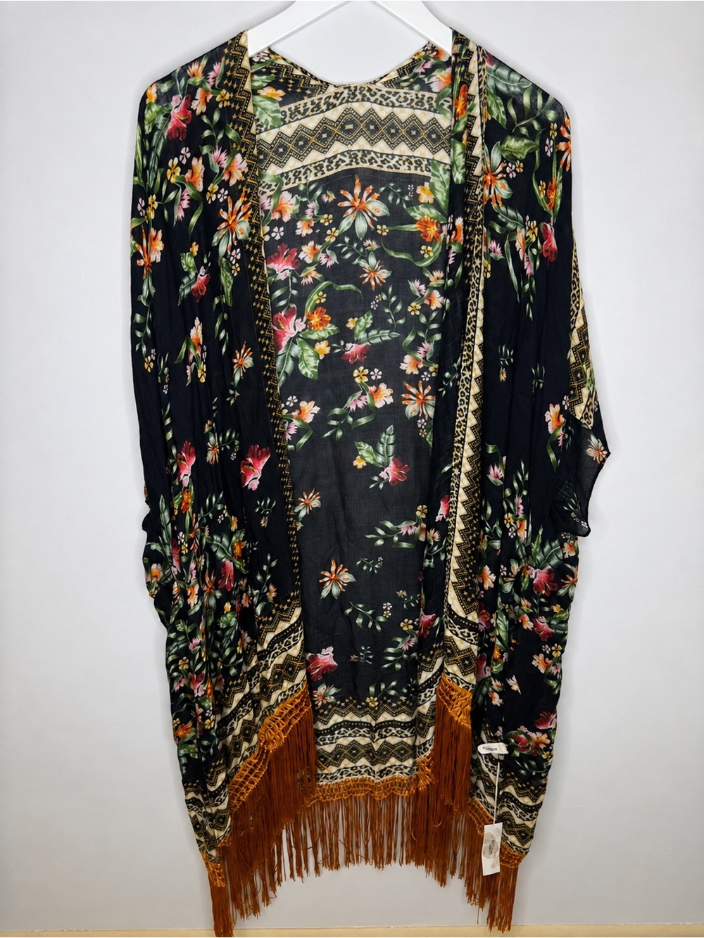 Ruggine | Floral Fringe Kimono in Black & Mustard | One Size